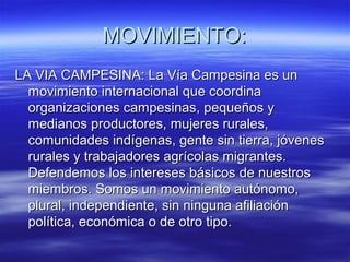 MOVIMIENTO:MOVIMIENTO:
LA VIA CAMPESINA: La Vía Campesina es unLA VIA CAMPESINA: La Vía Campesina es un
movimiento internacional que coordinamovimiento internacional que coordina
organizaciones campesinas, pequeños yorganizaciones campesinas, pequeños y
medianos productores, mujeres rurales,medianos productores, mujeres rurales,
comunidades indígenas, gente sin tierra, jóvenescomunidades indígenas, gente sin tierra, jóvenes
rurales y trabajadores agrícolas migrantes.rurales y trabajadores agrícolas migrantes.
Defendemos los intereses básicos de nuestrosDefendemos los intereses básicos de nuestros
miembros. Somos un movimiento autónomo,miembros. Somos un movimiento autónomo,
plural, independiente, sin ninguna afiliaciónplural, independiente, sin ninguna afiliación
política, económica o de otro tipo.política, económica o de otro tipo.
 