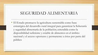 SEGURIDAD ALIMENTARIA
• El Estado promueve la agricultura sustentable como base
estratégica del desarrollo rural integral para garantizar la Soberanía
y seguridad alimentaría de la población; entendida como la
disponibilidad suficiente y estable de alimentos en el ámbito
nacional y el acceso oportuno y permanente a éstos por parte del
público
 