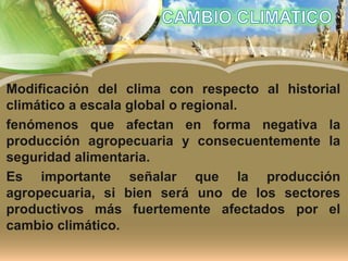 Modificación del clima con respecto al historial
climático a escala global o regional.
fenómenos que afectan en forma negativa la
producción agropecuaria y consecuentemente la
seguridad alimentaria.
Es importante señalar que la producción
agropecuaria, si bien será uno de los sectores
productivos más fuertemente afectados por el
cambio climático.
 