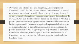 • Previendo una situación de esta magnitud, Duque expidió el
Decreto 523 del 7 de abril, el cual elimina “parcialmente” el arancel
de aduanas para el maíz amarillo duro, el sorgo, la soya y la torta de
soya, y lo sumó a los créditos financieros en tiempo de pandemia de
FINAGRO de 226 mil millones de pesos, de los cuales el 94% fue a
parar a grandes industrias agropecuarias. Estas medidas demuestran
la férrea postura del Gobierno a seguir sobreponiendo los intereses
de la agroindustria y el capital transnacional, a las necesidades del
pueblo colombiano. Así, el agro negocio responderá a la demanda
mundial de alimentos, donde logre el máximo rendimiento de la
inversión, y en las ventanas de Colombia seguirán hondeando las
banderas rojas.
 