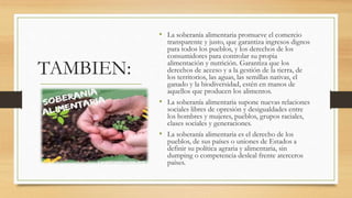 TAMBIEN:
• La soberanía alimentaria promueve el comercio
transparente y justo, que garantiza ingresos dignos
para todos los pueblos, y los derechos de los
consumidores para controlar su propia
alimentación y nutrición. Garantiza que los
derechos de acceso y a la gestión de la tierra, de
los territorios, las aguas, las semillas nativas, el
ganado y la biodiversidad, estén en manos de
aquellos que producen los alimentos.
• La soberanía alimentaria supone nuevas relaciones
sociales libres de opresión y desigualdades entre
los hombres y mujeres, pueblos, grupos raciales,
clases sociales y generaciones.
• La soberanía alimentaria es el derecho de los
pueblos, de sus países o uniones de Estados a
definir su política agraria y alimentaria, sin
dumping o competencia desleal frente aterceros
países.
 