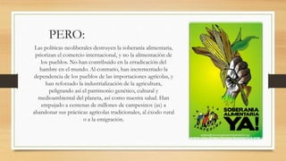 PERO:
Las políticas neoliberales destruyen la soberanía alimentaria,
priorizan el comercio internacional, y no la alimentación de
los pueblos. No han contribuido en la erradicación del
hambre en el mundo. Al contrario, han incrementado la
dependencia de los pueblos de las importaciones agrícolas, y
han reforzado la industrialización de la agricultura,
peligrando así el patrimonio genético, cultural y
medioambiental del planeta, así como nuestra salud. Han
empujado a centenas de millones de campesinos (as) a
abandonar sus prácticas agrícolas tradicionales, al éxodo rural
o a la emigración.
 