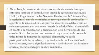 • Ahora bien, la construcción de una soberanía alimentaria tiene que
enfocarse también en la producción limpia de agroquímicos; según la
FAO (La Organización de las Naciones Unidas para la Alimentación y
la Agricultura) uno de los principales retos que tiene la producción
agrícola en la actualidad es la de proveer alimentos saludables, esto no
solamente presenta un avance en materia de salud pública, sino también
en cuanto a la conservación y recuperación de la tierra luego de una
cosecha. Sin embargo, los procesos técnicos y a gran escala no son la
única forma de fomentar la seguridad alimentaria, ya que la
participación de la ciudadanía, en general, con la implementación de
huertas caseras, aporta significativamente a la eliminación del hambre y
ayuda a generar respeto por la labor campesina.
 