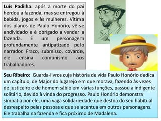 Luís Padilha: após a morte do pai
herdou a fazenda, mas se entregou à
bebida, jogos e às mulheres. Vítima
dos planos de Paulo Honório, vê-se
endividado e é obrigado a vender a
fazenda. É um personagem
profundamente antipatizado pelo
narrador. Fraco, submisso, covarde,
ele ensina comunismo aos
trabalhadores.
Seu Ribeiro: Guarda-livros cuja história de vida Paulo Honório dedica
um capítulo, de Major do lugarejo em que morava, fazendo às vezes
de justiceiro e de homem sábio em várias funções, passou a indigente
solitário, devido à vinda do progresso. Paulo Honório demonstra
simpatia por ele, uma vaga solidariedade que destoa do seu habitual
desrespeito pelas pessoas e que se acentua em outros personagens.
Ele trabalha na fazenda e fica próximo de Madalena.
 