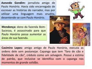 Azevedo Gondim: jornalista amigo de
Paulo Honório. Havia sido encarregado de
escrever as histórias do narrador, mas por
utilizar uma linguagem mais erudita,
desentende-se com Paulo Honório.
Casimiro Lopes: amigo antigo de Paulo Honório, executa as
ordens dele sem pestanejar. Capanga que tem “faro de cão e
fidelidade de cão”, crédulo como um selvagem. Possui a estima
de patrão, que inclusive se identifica com o capanga nos
momentos de grande solidão.
Mendonça: dono da fazenda Bom-
Sucesso, é assassinado para que
Paulo Honório possa aumentar as
áreas de sua fazenda.
 