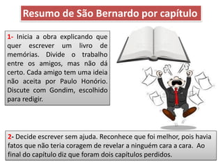 1- Inicia a obra explicando que
quer escrever um livro de
memórias. Divide o trabalho
entre os amigos, mas não dá
certo. Cada amigo tem uma ideia
não aceita por Paulo Honório.
Discute com Gondim, escolhido
para redigir.
2- Decide escrever sem ajuda. Reconhece que foi melhor, pois havia
fatos que não teria coragem de revelar a ninguém cara a cara. Ao
final do capítulo diz que foram dois capítulos perdidos.
Resumo de São Bernardo por capítulo
 