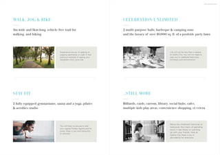 THE AMENITIES
WALK, JOG & BIKE
3m wide and 1km long, vehicle-free trail for
walking and biking
Experience the joy of walking or
jogging seamlessly or soak in that
precious moment of seeing your
daughter's first cycle ride.
STAY FIT
2 fully equipped gymnasiums, sauna and a yoga, pilates
& aerobics studio
You will have no excuse to skip
your regular fitness regime and for
some, there is zen and tranquility
to discover.
CELEBRATION UNLIMITED
2 multi-purpose halls, barbeque & camping zone
and the luxury of over 10,000 sq. ft. of a poolside party lawn
Life will not be less than a reward
at Sobha City. You will not need to
step out to celebrate festivities,
birthdays and anniversaries.
...STILL MORE
Billiards, cards, carrom, library, social hubs, cafes,
multiple kids play areas, convenience shopping, et cetera
Relive the childhood memories or
rediscover the charm of spending
hours in the library or catching
up with your friends. Here at
Sobha City there is joy in
abundance for everyone.
 