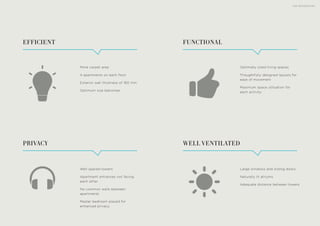 More carpet area
4 apartments on each floor
Exterior wall thickness of 160 mm
Optimum size balconies
EFFICIENT
Well spaced towers
Apartment entrances not facing
each other
No common walls between
apartments
Master bedroom placed for
enhanced privacy
PRIVACY
Optimally sized living spaces
Thoughtfully designed layouts for
ease of movement
Maximum space utilisation for
each activity
Large windows and sliding doors
Naturally lit atriums
Adequate distance between towers
FUNCTIONAL
WELL VENTILATED
THE RESIDENCES
 