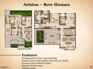 Aristos – Row Houses




            GROUND FLOOR                                    FIRST FLOOR


               Features
               Well spaced for privacy and exclusivity
               Family room to enjoy quality time with your family
               Terrace to host weekend parties
               Separate servant room
6/24/2011                                                                 22
               Parking garage
 