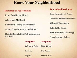 Know Your Neighborhood
                                                   Educational institutes
Proximity to Key locations
                                                   Ryan International School
8 kms from Hebbal Flyover
                                                   Canadian International School
15 kms from M G Road
                                                   Vidhya Shilp Academy
11 kms from the city railway station
                                                   Delhi Public School
24 kms from the International airport
                                                   BMS Institute of Technology
Close to Manyata tech Park and proposed
Ring Road                                          Seshadripuram College

                        Hospitals         Shopping

                        Columbia Asia     Food World

                        Railway           Big Bazaar

                        Baptist           Esteem Mall
 