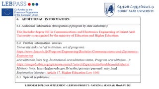 LEBANESE DIPLOMA SUPPLEMENT - LEBPASS PROJECT - NATIONAL SEMINAR, March 9th, 2021
 