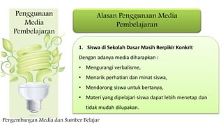 Alasan Penggunaan Media
Pembelajaran
1. Siswa di Sekolah Dasar Masih Berpikir Konkrit
Dengan adanya media diharapkan :
• Mengurangi verbalisme,
• Menarik perhatian dan minat siswa,
• Mendorong siswa untuk bertanya,
• Materi yang dipelajari siswa dapat lebih menetap dan
tidak mudah dilupakan.
Penggunaan
Media
Pembelajaran
Pengembangan Media dan Sumber Belajar
 