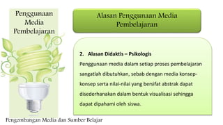 Alasan Penggunaan Media
Pembelajaran
2. Alasan Didaktis – Psikologis
Penggunaan media dalam setiap proses pembelajaran
sangatlah dibutuhkan, sebab dengan media konsep-
konsep serta nilai-nilai yang bersifat abstrak dapat
disederhanakan dalam bentuk visualisasi sehingga
dapat dipahami oleh siswa.
Penggunaan
Media
Pembelajaran
Pengembangan Media dan Sumber Belajar
 