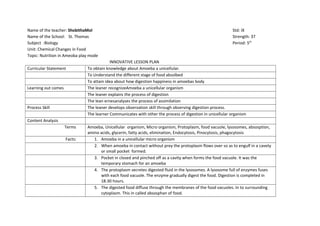 Name of the teacher: ShobithaMol Std: IX 
Name of the School: St. Thomas Strength: 37 
Subject :Biology Period: 5th 
Unit: Chemical Changes in Food 
Topic: Nutrition in Ameoba play mode 
INNOVATIVE LESSON PLAN 
Curricular Statement To obtain knowledge about Amoeba a unicellular. 
To Understand the different stage of food absolbed 
To attain idea about how digestion happiness in amoebas body 
Learning out comes The leaner recognizeAmoeba a unicellular organism 
The leaner explains the process of digestion 
The lean ernesanalyses the process of assimilation 
Process Skill The leaner develops observation skill through observing digestion process. 
The learner Communicates with other the process of digestion in unicellular organism 
Content Analysis 
Terms Amoeba, Unicellular organism, Micro organism, Protoplasm, food vacuole, lysosomes, absosption, 
amino acids, glycerin, fatty acids, elimination, Endocytosis, Pinocytosis, phagocytosis 
Facts: 1. Amoeba in a unicellular micro organism 
2. When amoeba in contact without prey the protoplasm flows over so as to engulf in a cavety 
or small pocket formed. 
3. Pocket in closed and pinched off as a cavity when forms the food vacuole. It was the 
temporary stomach for an amoeba 
4. The protoplasm secretes digested fluid in the lysosomes. A lysosome full of enzymes fuses 
with each food vacuole. The enzyme gradually digest the food. Digestion is completed in 
18.30 hours. 
5. The digested food diffuse through the membranes of the food vacuoles. In to surrounding 
cytoplasm. This in called absosphan of food. 
 