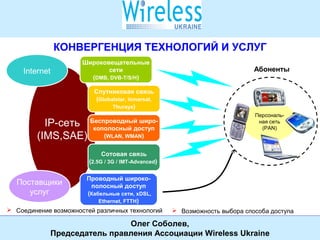 Международная конференция Wireless Ukraine
23 октября 2008 года, Киев
СОЮЗ
УЧАСТНИКОВ РЫНКА ИНФОКОММУНИКАЦИОННЫХ УСЛУГ
2
IP-сеть
(IMS,SAE)
Персональ-
ная сеть
(PAN)
Сотовая связь
(2.5G / 3G / IMT-Advanced)
Поставщики
услуг
Internet
Беспроводный широ-
кополосный доступ
(WLAN, WMAN)
Широковещательные
сети
(DMB, DVB-T/S/H)
Абоненты
 Соединение возможностей различных технологий  Возможность выбора способа доступа
Проводный широко-
полосный доступ
(Кабельные сети, xDSL,
Ethernet, FTTH)
Спутниковая связь
(Globalstar, Inmarsat,
Thuraya)
КОНВЕРГЕНЦИЯ ТЕХНОЛОГИЙ И УСЛУГ
Олег Соболев,
Председатель правления Ассоциации Wireless Ukraine
 