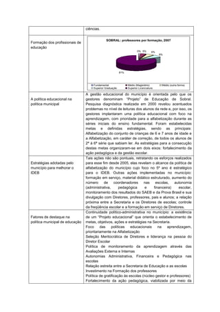 ciências.


                                               SOBRAL: professores por formação, 2007
Formação dos profissionais de
educação
                                                                        0% 5%       6%
                                                                                         8%




                                                           81%




                                      Fundamental                Médio (Magistério)       Médio (outra forma)
                                      Superior Graduação         Superior Licenciatura

                                 A gestão educacional do município é orientada pelo que os
A política educacional na        gestores denominam “Projeto” de Educação de Sobral.
política municipal               Pesquisa diagnóstica realizada em 2000 revelou acentuados
                                 problemas no nível de leituras dos alunos da rede e, por isso, os
                                 gestores implantaram uma política educacional com foco na
                                 aprendizagem, com prioridade para a alfabetização durante as
                                 séries iniciais do ensino fundamental. Foram estabelecidas
                                 metas e definidas estratégias, sendo as principais:
                                 Alfabetização do conjunto de crianças de 6 e 7 anos de idade e
                                 a Alfabetização, em caráter de correção, de todos os alunos de
                                 2ª à 6ª série que sabiam ler. As estratégias para a consecução
                                 destas metas organizaram-se em dois eixos: fortalecimento da
                                 ação pedagógica e da gestão escolar.
                                 Tais ações não são pontuais, retratando os esforços realizados
Estratégias adotadas pelo        para esse fim desde 2005, elas revelam o alcance da política de
município para melhorar o        alfabetização do município cujo foco no 5º ano é estratégico
IDEB                             para o IDEB. Outras ações implementadas no município:
                                 formação em serviço, material didático estruturado, aumento do
                                 número      de     coordenadores     nas    escolas,    autonomia
                                 (administrativa,      pedagógica      e    financeira)    escolar,
                                 monitoramento dos resultados do SAEB e da Prova Brasil e sua
                                 divulgação com Diretores, professores, pais e alunos; a relação
                                 próxima entre a Secretaria e os Diretores de escolas; controle
                                 da freqüência escolar e a formação em serviço de Diretores.
                                 Continuidade político-administrativa no município: a existência
Fatores de destaque na           de um “Projeto educacional” que orienta o estabelecimento de
política municipal de educação   metas, objetivos, ações e estratégias na Secretaria.
                                 Foco      das    políticas   educacionais     na   aprendizagem,
                                 prioritariamente na Alfabetização
                                 Seleção Meritocrática de Diretores e liderança na pessoa do
                                 Diretor Escolar
                                 Política de monitoramento da aprendizagem através das
                                 Avaliações Externa e Internas
                                 Autonomias Administrativa, Financeira e Pedagógica nas
                                 escolas
                                 Relação estreita entre a Secretaria de Educação e as escolas
                                 Investimento na Formação dos professores
                                 Política de gratificação às escolas (núcleo gestor e professores)
                                 Fortalecimento da ação pedagógica, viabilizada por meio da
 