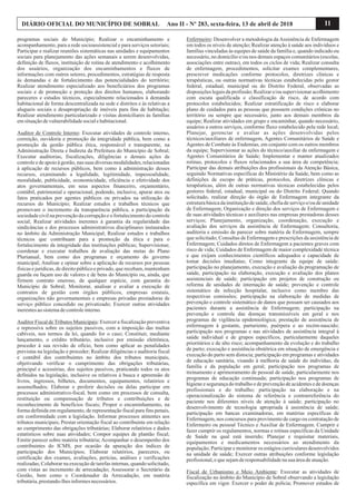 11DIÁRIO OFICIAL DO MUNICÍPIO DE SOBRAL Ano II - Nº 283, sexta-feira, 13 de abril de 2018
programas sociais do Município; Realizar o encaminhamento e
acompanhamento, para a rede socioassistencial e para serviços setoriais;
Participar e realizar reuniões sistemáticas nas unidades e equipamentos
sociais para planejamento das ações semanais a serem desenvolvidas,
definição de fluxos, instituição de rotina de atendimento e acolhimento
dos usuários, organização dos encaminhamentos e fluxos de
informações com outros setores, procedimentos, estratégias de resposta
às demandas e de fortalecimento das potencialidades do território;
Realizar atendimento especializado aos beneficiários dos programas
sociais e de promoção e proteção dos direitos humanos, elaborando
pareceres e estudos técnicos, especialmente relacionados à demanda
habitacional de forma descentralizada na sede e distritos e às relativas a
alugueis sociais e desapropriação de imóveis para fins de habitação;
Realizar atendimento particularizado e visitas domiciliares às famílias
emsituaçãodevulnerabilidadesocialehabitacional.
Auditor de Controle Interno: Executar atividades de controle interno,
correição, ouvidoria e promoção da integridade pública, bem como a
promoção da gestão pública ética, responsável e transparente, na
Administração Direta e Indireta da Prefeitura do Município de Sobral;
Executar auditorias, fiscalizações, diligências e demais ações de
controle e de apoio à gestão, nas suas diversas modalidades, relacionadas
à aplicação de recursos públicos, bem como à administração desses
recursos, examinando a legalidade, legitimidade, impessoalidade,
moralidade, publicidade, economicidade, eficiência e efetividade dos
atos governamentais, em seus aspectos financeiro, orçamentário,
contábil, patrimonial e operacional, podendo, inclusive, apurar atos ou
fatos praticados por agentes públicos ou privados na utilização de
recursos do Município; Realizar estudos e trabalhos técnicos que
promovam o incremento da transparência pública, a participação da
sociedade civil na prevenção da corrupção e o fortalecimento do controle
social; Realizar atividades inerentes à garantia da regularidade das
sindicâncias e dos processos administrativos disciplinares instaurados
no âmbito da Administração Municipal; Realizar estudos e trabalhos
técnicos que contribuam para a promoção da ética e para o
fortalecimento da integridade das instituições públicas; Supervisionar,
coordenar e executar trabalhos de avaliação das metas do Plano
Plurianual, bem como dos programas e orçamento do governo
municipal; Analisar e opinar sobre a aplicação de recursos por pessoas
físicas e jurídicas, de direito público e privado, que recebam, mantenham
guarda ou façam uso de valores e de bens do Município ou, ainda, que
firmem contrato oneroso, de qualquer espécie, com garantia do
Município de Sobral; Monitorar, analisar e avaliar a execução de
contratos de gestão com órgãos públicos, empresas estatais,
organizações não governamentais e empresas privadas prestadoras de
serviço público concedido ou privatizado; Exercer outras atividades
inerentesaosistemadecontroleinterno.
Auditor Fiscal deTributos Municipais: Exercer a fiscalização preventiva
e repressiva sobre os sujeitos passivos, com a imposição das multas
cabíveis, nos termos da lei, quando for o caso; Constituir, mediante
lançamento, o crédito tributário, inclusive por emissão eletrônica,
proceder à sua revisão de ofício, bem como aplicar as penalidades
previstas na legislação e proceder; Realizar diligências e auditoria fiscal
e contábil dos contribuintes no âmbito dos tributos municipais,
objetivando verificar o cumprimento das obrigações tributárias,
principal e acessórias, dos sujeitos passivos, praticando todos os atos
definidos na legislação, inclusive os relativos à busca e apreensão de
livros, ingressos, bilhetes, documentos, equipamentos, relatórios e
assemelhados; Elaborar e proferir decisões ou delas participar em
processos administrativo-fiscal, bem como em processos de consulta,
restituição ou compensação de tributos e contribuições e de
reconhecimento de benefícios fiscais; Propor o encaminhamento, na
forma definida em regulamento, de representação fiscal para fins penais,
em conformidade com a legislação. Informar processos atinentes aos
tributos municipais; Prestar orientação fiscal ao contribuinte em relação
ao cumprimento das obrigações tributárias; Elaborar relatórios e dados
estatísticos sobre suas atividades; Compor equipes de plantão fiscal;
Emitir parecer sobre matéria tributária; Acompanhar o desempenho dos
contribuintes do ICMS, por ocasião da apuração dos índices de
participação dos Municípios; Elaborar relatórios, pareceres, ou
certificação dos exames, avaliações, perícias, análises e verificações
realizadas; Colaborar na execução de tarefas internas, quando solicitado,
com vistas ao incremento de arrecadação; Assessorar o Secretário da
Gestão, bem como o Coordenador da Arrecadação, em matéria
tributária,prestando-lhesinformesnecessários.
Enfermeiro: Desenvolver a metodologia da Assistência de Enfermagem
em todos os níveis de atenção; Realizar atenção à saúde aos indivíduos e
famílias vinculadas às equipes de saúde da família e, quando indicado ou
necessário, no domicílio e/ou nos demais espaços comunitários (escolas,
associações entre outras), em todos os ciclos de vida; Realizar consulta
de enfermagem, procedimentos, solicitar exames complementares,
prescrever medicações conforme protocolos, diretrizes clínicas e
terapêuticas, ou outras normativas técnicas estabelecidas pelo gestor
federal, estadual, municipal ou do Distrito Federal, observadas as
disposições legais da profissão; Realizar e/ou supervisionar acolhimento
com escuta qualificada e classificação de risco, de acordo com
protocolos estabelecidos; Realizar estratificação de risco e elaborar
plano de cuidados para as pessoas que possuem condições crônicas no
território ou sempre que necessário, junto aos demais membros da
equipe; Realizar atividades em grupo e encaminhar, quando necessário,
usuários a outros serviços, conforme fluxo estabelecido pela rede local;
Planejar, gerenciar e avaliar as ações desenvolvidas pelos
técnicos/auxiliares de enfermagem, Agentes Comunitários de Saúde e
Agentes de Combate às Endemias, em conjunto com os outros membros
da equipe; Supervisionar as ações do técnico/auxiliar de enfermagem e
Agentes Comunitários de Saúde; Implementar e manter atualizados
rotinas, protocolos e fluxos relacionados a sua área de competência;
Participar das demais atribuições dos profissionais da Atenção Básica,
seguindo Normativas específicas do Ministério da Saúde, bem como as
definições de escopo de práticas, protocolos, diretrizes clínicas e
terapêuticas, além de outras normativas técnicas estabelecidas pelos
gestores federal, estadual, municipal ou do Distrito Federal; Quando
solicitado, realizar direção do órgão de Enfermagem integrante da
estruturabásicada instituiçãode saúde, chefiade serviçoe/oude unidade
de Enfermagem; Organização e direção dos serviços de Enfermagem e
de suas atividades técnicas e auxiliares nas empresas prestadoras desses
serviços; Planejamento, organização, coordenação, execução e
avaliação dos serviços da assistência de Enfermagem; Consultoria,
auditoria e emissão de parecer sobre matéria de Enfermagem, sempre
que solicitado; Consultas de Enfermagem e prescrições da assistência de
Enfermagem; Cuidados diretos de Enfermagem a pacientes graves com
risco de vida; Cuidados de Enfermagem de maior complexidade técnica
e que exijam conhecimentos científicos adequados e capacidade de
tomar decisões imediatas; Como integrante da equipe de saúde:
participação no planejamento, execução e avaliação da programação de
saúde, participação na elaboração, execução e avaliação dos planos
assistenciais de saúde; participação em projetos de construção ou
reforma de unidades de internação de saúde; prevenção e controle
sistemático da infecção hospitalar, inclusive como membro das
respectivas comissões; participação na elaboração de medidas de
prevenção e controle sistemático de danos que possam ser causados aos
pacientes durante a assistência de Enfermagem; participação na
prevenção e controle das doenças transmissíveis em geral e nos
programas de vigilância epidemiológica; prestação de assistência de
enfermagem à gestante, parturiente, puérpera e ao recém-nascido;
participação nos programas e nas atividades de assistência integral à
saúde individual e de grupos específicos, particularmente daqueles
prioritários e de alto risco; acompanhamento da evolução e do trabalho
de parto; execução e assistência obstétrica em situação de emergência e
execução do parto sem distocia; participação em programas e atividades
de educação sanitária, visando à melhoria de saúde do indivíduo, da
família e da população em geral; participação nos programas de
treinamento e aprimoramento de pessoal de saúde, particularmente nos
programas de educação continuada; participação nos programas de
higiene e segurança do trabalho e de prevenção de acidentes e de doenças
profissionais e do trabalho; participação na elaboração e na
operacionalização do sistema de referência e contrarreferência do
paciente nos diferentes níveis de atenção à saúde; participação no
desenvolvimento de tecnologia apropriada à assistência de saúde;
participação em bancas examinadoras, em matérias específicas de
Enfermagem, nos concursos para provimento de cargo ou contratação de
Enfermeiro ou pessoal Técnico e Auxiliar de Enfermagem. Cumprir e
fazer cumprir os regulamentos, normas e rotinas específicas da Unidade
de Saúde na qual está inserido; Planejar e requisitar materiais,
equipamentos e medicamentos necessários ao atendimento da
população; Participar e monitorar os estágios curriculares desenvolvidos
na unidade de saúde; Exercer outras atribuições conforme legislação
profissional,equesejamderesponsabilidadenasuaáreadeatuação.
Fiscal de Urbanismo e Meio Ambiente: Executar as atividades de
fiscalização no âmbito do Município de Sobral observando a legislação
específica em vigor. Exercer o poder de polícia; Promover estudos de
 