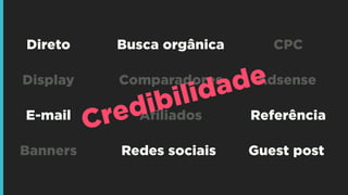 CPC
Referência
Banners
AdsenseDisplay
Direto Busca orgânica
E-mail
Redes sociais
Afiliados
Comparadores
Guest post
Credibilidade
 