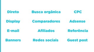 CPC
Referência
Banners
AdsenseDisplay
Direto Busca orgânica
E-mail
Redes sociais
Afiliados
Comparadores
Guest post
 