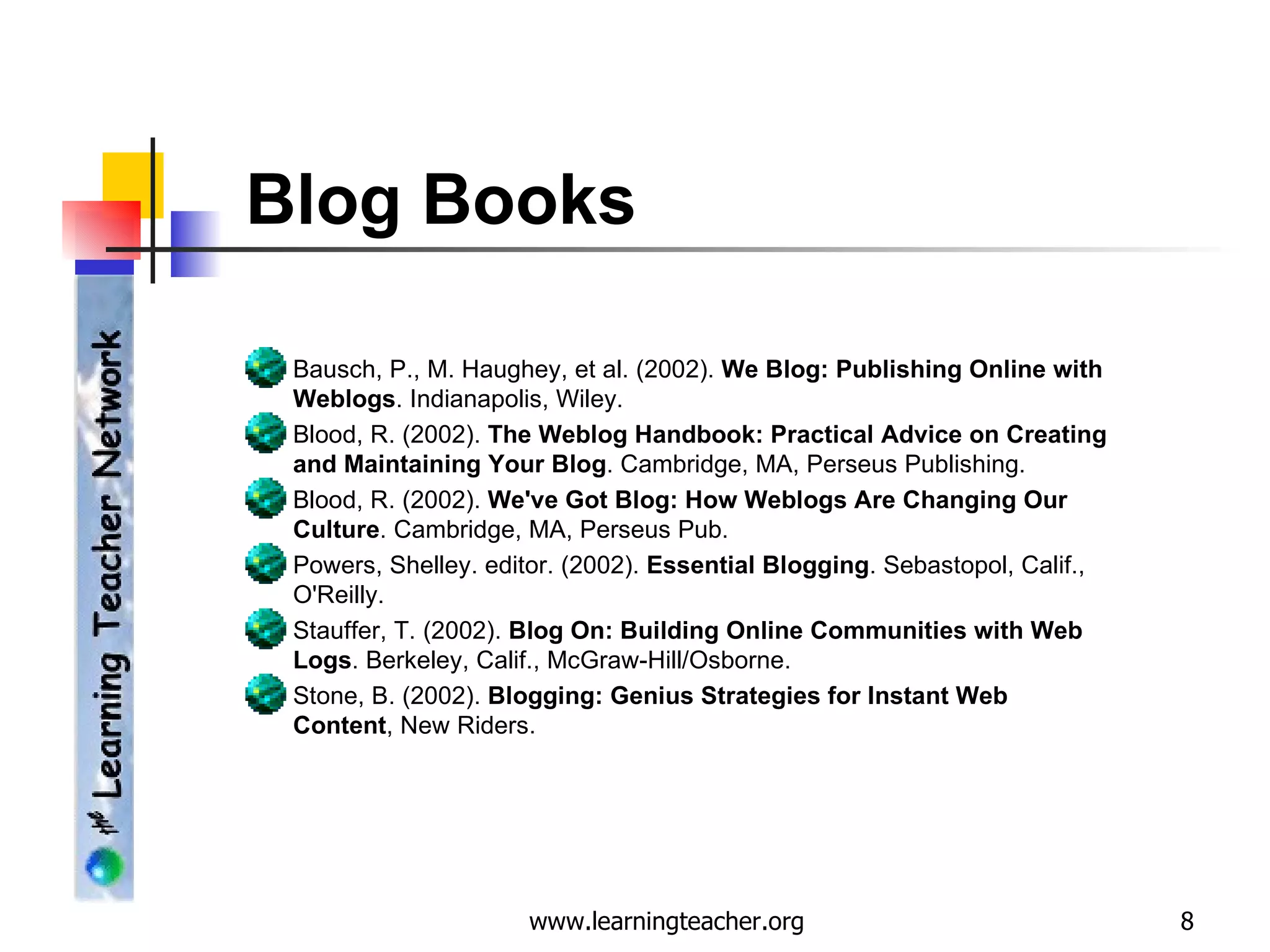 Blog Books Bausch, P., M. Haughey, et al. (2002).  We Blog: Publishing Online with Weblogs . Indianapolis, Wiley.  Blood, R. (2002).  The Weblog Handbook: Practical Advice on Creating and Maintaining Your Blog . Cambridge, MA, Perseus Publishing.  Blood, R. (2002).  We've Got Blog: How Weblogs Are Changing Our Culture . Cambridge, MA, Perseus Pub.  Powers, Shelley. editor. (2002).  Essential Blogging . Sebastopol, Calif., O'Reilly.  Stauffer, T. (2002).  Blog On: Building Online Communities with Web Logs . Berkeley, Calif., McGraw-Hill/Osborne.  Stone, B. (2002).  Blogging: Genius Strategies for Instant Web Content , New Riders.  