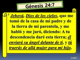 7 Jehová, Dios de los cielos, que me
tomó de la casa de mi padre y de
la tierra de mi parentela, y me
habló y me juró, diciendo: A tu
descendencia daré esta tierra; él
enviará su ángel delante de ti, y tú
traerás de allá mujer para mi hijo.
LASC
 
