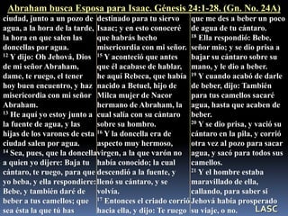 ciudad, junto a un pozo de
agua, a la hora de la tarde,
la hora en que salen las
doncellas por agua.
12 Y dijo: Oh Jehová, Dios
de mi señor Abraham,
dame, te ruego, el tener
hoy buen encuentro, y haz
misericordia con mi señor
Abraham.
13 He aquí yo estoy junto a
la fuente de agua, y las
hijas de los varones de esta
ciudad salen por agua.
14 Sea, pues, que la doncella
a quien yo dijere: Baja tu
cántaro, te ruego, para que
yo beba, y ella respondiere:
Bebe, y también daré de
beber a tus camellos; que
sea ésta la que tú has
destinado para tu siervo
Isaac; y en esto conoceré
que habrás hecho
misericordia con mi señor.
15 Y aconteció que antes
que él acabase de hablar,
he aquí Rebeca, que había
nacido a Betuel, hijo de
Milca mujer de Nacor
hermano de Abraham, la
cual salía con su cántaro
sobre su hombro.
16 Y la doncella era de
aspecto muy hermoso,
virgen, a la que varón no
había conocido; la cual
descendió a la fuente, y
llenó su cántaro, y se
volvía.
17 Entonces el criado corrió
hacia ella, y dijo: Te ruego
que me des a beber un poco
de agua de tu cántaro.
18 Ella respondió: Bebe,
señor mío; y se dio prisa a
bajar su cántaro sobre su
mano, y le dio a beber.
19 Y cuando acabó de darle
de beber, dijo: También
para tus camellos sacaré
agua, hasta que acaben de
beber.
20 Y se dio prisa, y vació su
cántaro en la pila, y corrió
otra vez al pozo para sacar
agua, y sacó para todos sus
camellos.
21 Y el hombre estaba
maravillado de ella,
callando, para saber si
Jehová había prosperado
su viaje, o no.
Abraham busca Esposa para Isaac. Génesis 24:1-28. (Gn. No. 24A)
LASC
 