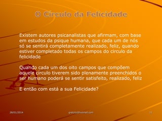 Existem autores psicanalistas que afirmam, com base
em estudos da psique humana, que cada um de nós
só se sentirá completamente realizado, feliz, quando
estiver completado todas os campos do circulo da
felicidade
Quando cada um dos oito campos que compõem
aquele círculo tiverem sido plenamente preenchidos o
ser humano poderá se sentir satisfeito, realizado, feliz
E então com está a sua Felicidade?

28/01/2014

gretzitz@hotmail.com

11

 