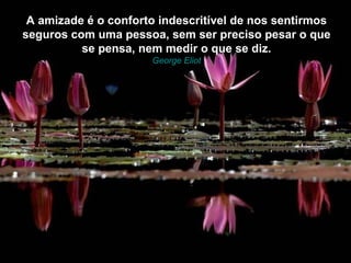 A amizade é o conforto indescritível de nos sentirmos
seguros com uma pessoa, sem ser preciso pesar o que
          se pensa, nem medir o que se diz.
                      George Eliot
 