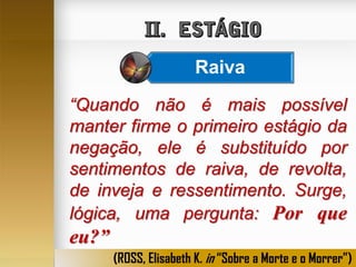 Raiva
“Quando não é mais possível
manter firme o primeiro estágio da
negação, ele é substituído por
sentimentos de raiva, de revolta,
de inveja e ressentimento. Surge,
lógica, uma pergunta: Por que

eu?”
(ROSS, Elisabeth K. in “Sobre a Morte e o Morrer”)

 