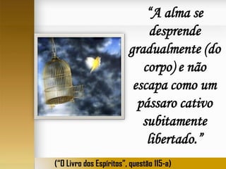 “A alma se
desprende
gradualmente (do
corpo) e não
escapa como um
pássaro cativo
subitamente
libertado.”
(“O Livro dos Espíritos”, questão 115-a)

 