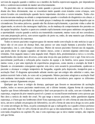 serviam da negação quando o médico ou o membro da família esperavam negação, por dependerem
deles e sentirem necessidade de manter um relacionamento.
Os pacientes não se incomodavam tanto quando o pessoal do hospital deixava de colocá-los
diante dos fatos diretamente, mas se ressentiam muito quando eram tratados como crianças, sem
serem levados em consideração quando havia importantes decisões a serem tomadas. Todos eles
detectavam uma mudança na atitude e comportamento quando o resultado do diagnóstico era câncer, e
se conscientizavam da gravidade de seu estado graças à mudança de comportamento daqueles que os
circundavam. Em outras palavras, quando não lhe diziam explicitamente, o paciente vinha a saber de
algum modo, ou através das mensagens implícitas, ou da mudança de comportamento dos parentes ou
da equipe hospitalar. Aqueles a quem era contado explicitamente eram quase unânimes em agradecer
a oportunidade -exceto quando a notícia era transmitida cruamente, muitas vezes até nos corredores,
sem uma preparação prévia, sem serem seguidos de perto ou, então, de uma maneira que eliminava
qualquer perspectiva de esperança.
Todos os nossos pacientes reagiram quase do mesmo modo com relação às más notícias (o que é
típico não só em casos de doença fatal, mas parece ser uma reação humana a pressões fortes e
inesperadas), isto é, com choque e descrença. Muitos de nossos pacientes fizeram uso da negação,
que podia durar de alguns segundos até muitos meses, como o atestam algumas entrevistas aqui
relatadas. Esta negação nunca é uma negação total. Depois dela, predominaram a raiva e a revolta,
manifestadas dos modos mais diversos, como uma inveja dos que podiam viver e agir. Esta raiva era
parcialmente justificada e reforçada pelas reações da equipe e da família, raiva quase irracional
muitas vezes, e por uma repetição de experiências pregressas, como mostra o exemplo da Irmã I.
Quando os circunstantes conseguiam suportar esta raiva sem assumi-la pessoalmente, ajudavam o
paciente a alcançar o estágio temporário de barganha, seguido pela depressão, trampolim para a
aceitação final. O diagrama apresentado adiante mostra que um estágio não substitui o outro, mas
podem coexistir lado a lado, às vezes até se justapondo. Muitos pacientes atingiram a aceitação final
sem nenhuma intervenção exterior; outros necessitaram de assistência para superar os diferentes
estágios e morrer dignamente em paz.
Qualquer que fosse o estágio da doença, quaisquer que fossem os mecanismos de aceitação
usados, todos os nossos pacientes mantiveram, até o último instante, alguma forma de esperança.
Aqueles que foram informados do diagnóstico fatal sem perspectiva de saída, sem um vislumbre de
esperança, reagiram da pior maneira possível e jamais se reconciliaram totalmente com a pessoa que
lhes dera a notícia de modo tão cruel. No que tange a nossos pacientes, todos guardaram alguma
esperança, e é bom que nos lembremos disto! Esta esperança pode vir sob a forma de uma descoberta
nova, um novo achado em pesquisa de laboratório, ou sob a forma de uma nova droga ou soro; pode
vir como um milagre de Deus, ou pela constatação de que a radiografia ou o quadro clínico pertence
a outro paciente. Pode vir sob a forma de um alívio que se deu naturalmente, como o Sr. J. descreve
com tanta eloquência no capítulo IX, mas é esta esperança que se deve manter sempre, não importa
sob que forma.
 