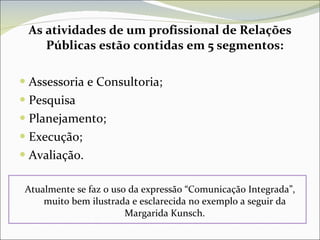 As atividades de um profissional de Relações Públicas estão contidas em 5 segmentos: Assessoria e Consultoria; Pesquisa Planejamento; Execução; Avaliação. Atualmente se faz o uso da expressão “Comunicação Integrada”, muito bem ilustrada e esclarecida no exemplo a seguir da Margarida Kunsch. 