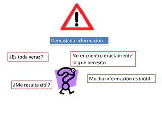 Demasiada información
¿Es toda veraz?

No encuentro exactamente
lo que necesito
Mucha información es inútil

¿Me resulta útil?

 