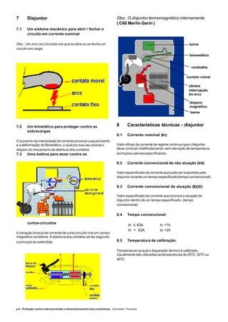 p.8 / Proteção contra sobrecorrentes e dimensionamento dos condutores - Schneider / Procobre
7 Disjuntor
7.1 Um sistema mecânico para abrir / fechar o
circuito em corrente nominal
Obs.: Um arco se cria cada vez que se abre ou se fecha um
circuito em carga.
7.2 Um bimetálico para proteger contra as
sobrecargas
O aumento da intensidade da corrente provoca o aquecimento
e a deformação do Bimetálico, o qual por sua vez aciona o
disparo do mecanismo de abertura dos contatos.
7.3 Uma bobina para atuar contra os
curtos-circuitos
A variação brusca da corrente de curto-circuito cria um campo
magnético na bobina. A abertura dos contatos se faz segundo
o princípio do solenóide.
Obs.: O disjuntor termomagnético internamente
( C60 Merlin Gerin )
8 Características técnicas - disjuntor
8.1 Corrente nominal (In):
Valor eficaz da corrente de regime contínuo que o disjuntor
deve conduzir indefinidamente, sem elevação de temperatura
acimadosvaloresespecificados.
8.2 Corrente convencional de não atuação (Int):
Valor especificado de corrente que pode ser suportado pelo
disjuntor durante um tempo especificado(tempo convencional).
8.3 Corrente convencional de atuação (It)(I2):
Valor especificado de corrente que provoca a atuação do
disjuntor dentro de um tempo especificado. (tempo
convencional)
8.4 Tempo convencional:
In ≤ 63A tc =1h
In > 63A tc =2h
8.5 Temperatura de calibração:
Temperatura na qual o disparador térmico é calibrado.
Usualmente são utilizadas as temperaturas de 20ºC, 30ºC ou
40ºC.
borne
cordoalha
borne
biometálico
contato móvel
câmara
interrupção
do arco
disparo
magnético
 