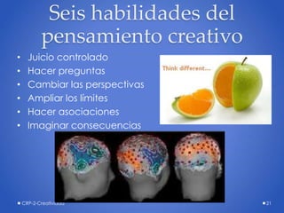 Seis habilidades del
pensamiento creativo
• Juicio controlado
• Hacer preguntas
• Cambiar las perspectivas
• Ampliar los límites
• Hacer asociaciones
• Imaginar consecuencias
CRP-2-Creatividad 21
 