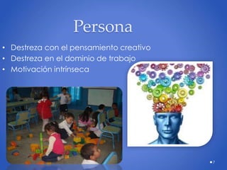 7
Persona
• Destreza con el pensamiento creativo
• Destreza en el dominio de trabajo
• Motivación intrínseca
 