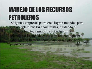 MANEJO DE LOS RECURSOS
PETROLEROS
 •Algunas empresas petroleras logran métodos para
evitar contaminar los ecosistemas, cuidando el
medio ambiente, algunos de estos fueron a
seleccionar lugares de extracción teniendo que en
este lugar no hubiese ecosistema ya sea grande o
pequeño el lugar.
 