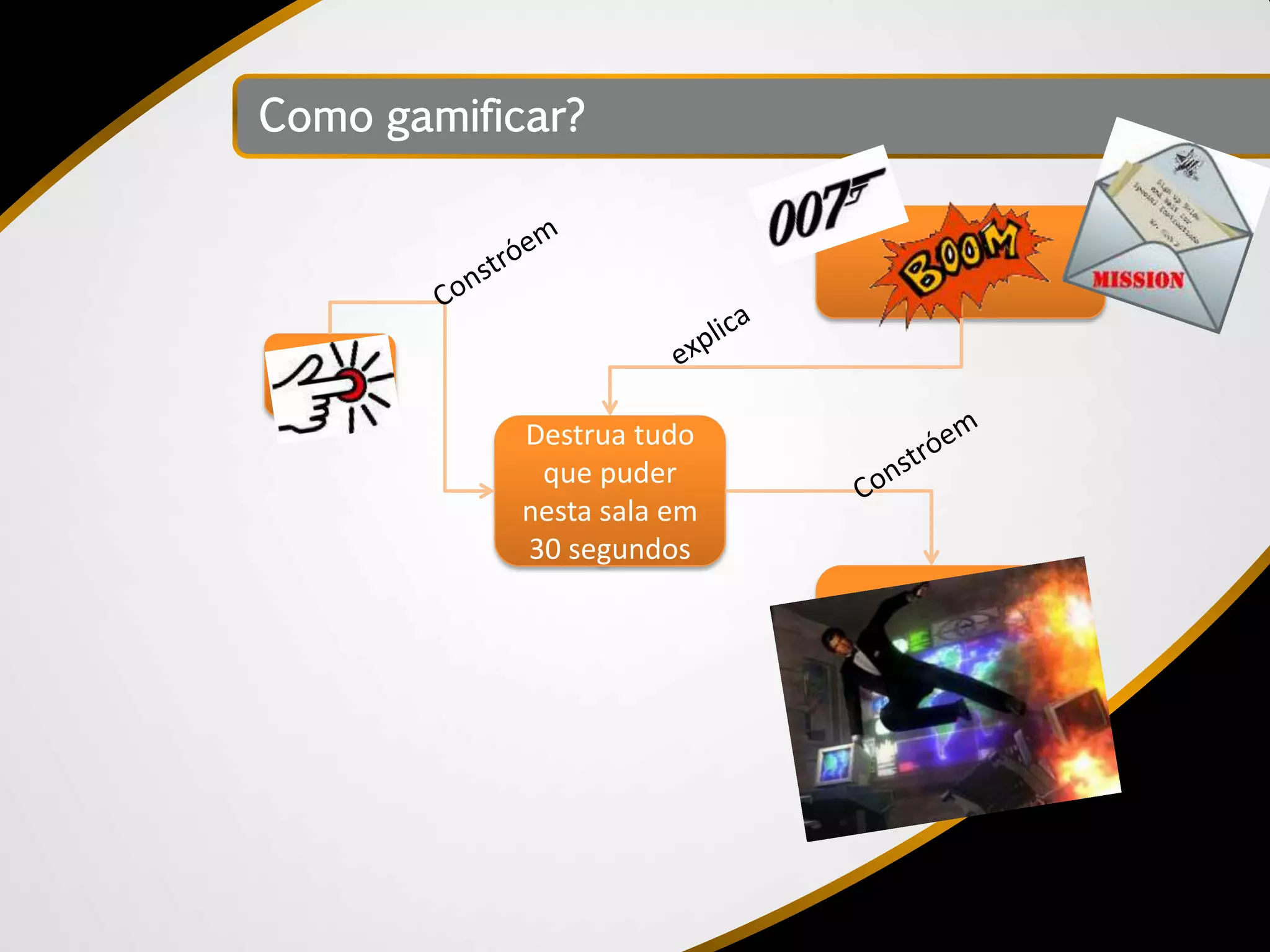 Como gamificar?




            Destrua tudo
             que puder
            nesta sala em
            30 segundos
 