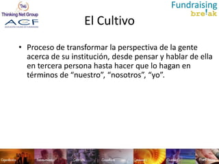 El Cultivo
• Proceso de transformar la perspectiva de la gente
  acerca de su institución, desde pensar y hablar de ella
  en tercera persona hasta hacer que lo hagan en
  términos de “nuestro”, “nosotros”, “yo”.
 