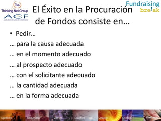 El Éxito en la Procuración
        de Fondos consiste en…
• Pedir…
… para la causa adecuada
… en el momento adecuado
… al prospecto adecuado
… con el solicitante adecuado
… la cantidad adecuada
… en la forma adecuada
 