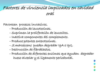 Factores de virulencia implicados en cavidad
                      oral

Favorecen procesos invcasivos.
    - Producción de leucotoxinas.
    - Suprimen la proliferación de leucocitos.
    - Inactiva componentes del complemento.
    - Produce potentes enterotoxinas.
    - S.marcescens pueden degradar IgA e IgG.
    - Destrucción de fibroblastos.
    - Producción de diferentes enzimas que ayudan degradar
       hueso alveolar y el ligamento periodontal.
 