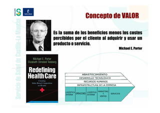 Concepto de VALOR

Es la suma de los beneficios menos los costes
percibidos por el cliente al adquirir y usar un
producto o servicio.
                                  Michael E. Porter
 