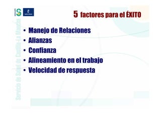 5 factores para el ÉXITO
•   Manejo de Relaciones
•   Alianzas
•   Confianza
•   Alineamiento en el trabajo
•   Velocidad de respuesta
 