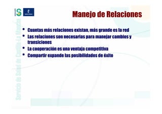 Manejo de Relaciones
•   Cuantas más relaciones existan, más grande es la red
•   Las relaciones son necesarias para manejar cambios y
    transiciones
•   La cooperación es una ventaja competitiva
•   Compartir expande las posibilidades de éxito
 
