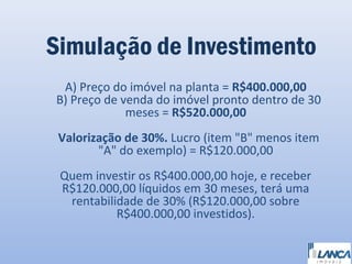 Simulação de Investimento
A) Preço do imóvel na planta = R$400.000,00
B) Preço de venda do imóvel pronto dentro de 30
meses = R$520.000,00
Valorização de 30%. Lucro (item "B" menos item
"A" do exemplo) = R$120.000,00
Quem investir os R$400.000,00 hoje, e receber
R$120.000,00 líquidos em 30 meses, terá uma
rentabilidade de 30% (R$120.000,00 sobre
R$400.000,00 investidos).

 