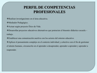 PERFIL DE COMPETENCIAS
                       PROFESIONALES
Realizar investigaciones en el área educativa.
Mediador Pedagógico.
Actuar según proyecto Ético de Vida.
Desarrollar proyectos educativos alternativos que potencien el binomio didáctico escuela –
trabajo.
Establecer una comunicación asertiva con los actores del entorno educativo.
Aplicar el pensamiento complejo en el contexto individual y colectivo con el fin de gestionar
el talento humano, circunscrito en el aprender a desaprender, aprender a aprender y aprender a
reaprender.
 