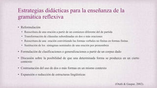 Estrategias didácticas para la enseñanza de la
gramática reflexiva
• Reformulación
• Reescritura de una oración a partir de un comienzo diferente del de partida
• Transformación de cláusulas subordinadas en dos o más oraciones
• Reescritura de una oración convirtiendo las formas verbales no finitas en formas finitas
• Sustitución de los sintagmas nominales de una oración por pronombres
• Formulación de clasificaciones o generalizaciones a partir de un corpus dado
• Discusión sobre la posibilidad de que una determinada forma se produzca en un cierto
contexto
• Contrastación del uso de dos o más formas en un mismo contexto
• Expansión o reducción de estructuras lingüísticas
(Otañi & Gaspar, 2002).
 