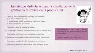 Estrategias didácticas para la enseñanza de la
gramática reflexiva en la producción
• Planteo de restricciones basadas en el juego con el lenguaje
• no utilizar determinada vocal
• comenzar cada palabra con el último sonido de la anterior
• No utilizar palabras monosílabas
• Prohibición o abuso de una clase de palabra
• Exigencia por comenzar cada oración con un tipo de sintagma dado
• Exigencia por utilizar una clase de oraciones en particular
• Prohibición de incorporar construcciones oracionales subordinadas
• Exigencia de una cláusula subordinada en todas las oraciones
• Reescrituras cambiando el macroacto de habla (exigir por pedir)
• Manipulación de las formas
lingüísticas de manera más o menos
consciente
• Lectura y contraste como cierre
(Otañi & Gaspar, 2002).
 