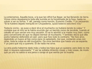 La enterramos. Aquella boca, a la que tan difícil fue llegar, se fue llenando de tierra.
Vimos cómo desaparecía toda ella sumida en la hondonada de la fosa, hasta no
volver a ver su forma. Y. allí, parado como horcón, Euremio Cedillo. Y yo pensando:
"Si la hubiera dejado tranquila en Chupaderos, quizá todavía estuviera viva."
Todavía viviría - se puso a decir él-si el muchacho no hubiera tenido la culpa." Y
contaba que al niño se le había ocurrido dar un berrido como de tecolote, cuando el
caballo en que venían era muy asustón. Él se lo advirtió a la madre muy bien, como
para convencerla de que no dejara berrear al muchacho. Y también decía que ella
podía haberse defendido al caer; pero que hizo todo lo contrario: "Se hizo arco,
dejándole un hueco al hijo como para no aplastarlo. Así que, contando unas con
otras, toda la culpa es del muchacho. Da unos berridos que hasta uno se espanta.
Y yo para qué voy a quererlo. Él de nada me sirve.
La otra podía haberme dado más y todos los hijos que yo quisiera; pero éste no me
dejó ni siquiera saborearla." Y así se soltaba diciendo cosas y más cosas, de modo
que ya uno no sabía si era pena o coraje el que sentía por la muerta.
 