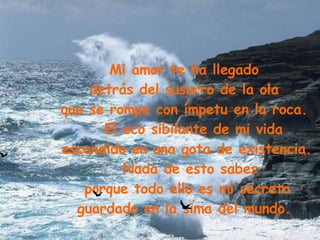 Mi amor te ha llegado  detrás del susurro de la ola  que se rompe con ímpetu en la roca.     El eco sibilante de mi vida escondido en una gota de existencia.  Nada de esto sabes porque todo ello es mi secreto  guardado en la sima del mundo.    
